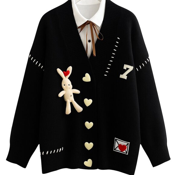Missing You Cozy Oversized Cardigan With Attached Stuffed Animal Rabbit - Picture 1 of 3